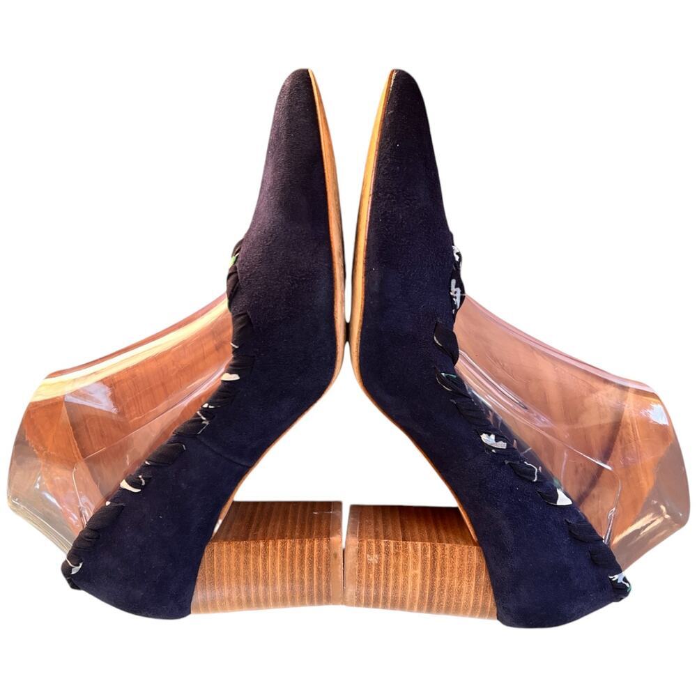 Anthropologie Women's 8.5M Navy Whipstitch Braided Ribbon Suede Block Heels - Picture 8 of 15